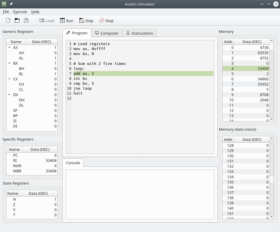 Austro Simulator running a program